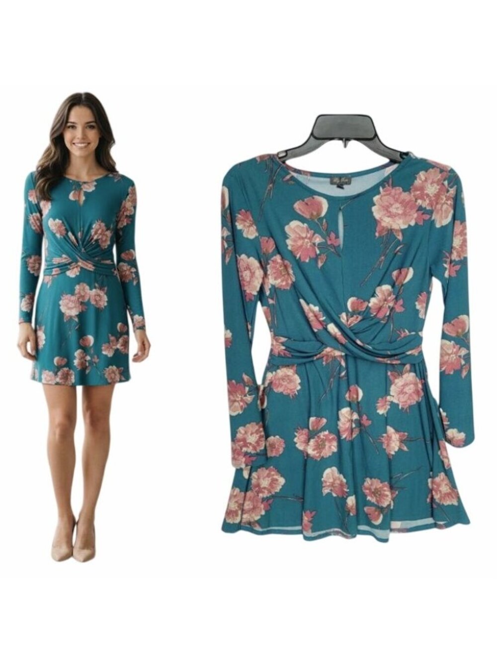 ⭐Women's mini Dress Size S Lily Rose Green Floral pullover stretch long sleeve